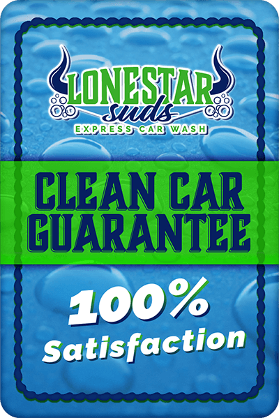 an image with text that has the lonestar suds logo and says clean car guarantee 100% satisfaction