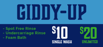 wash price and information for the giddy-up package 10 dollars per wash or 20 dollars a month for unlimited